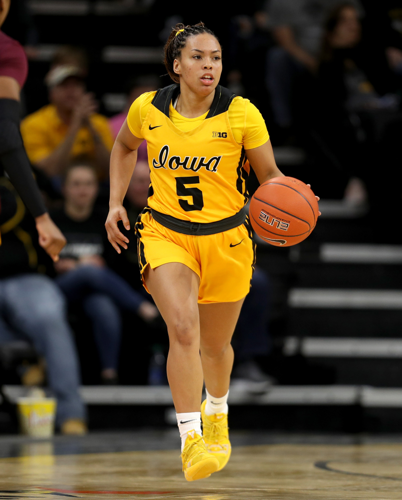 Iowa Hawkeyes guard Alexis Sevillian (5) against the Minnesota Golden Gophers Thursday, February 27, 2020 at Carver-Hawkeye Arena. (Brian Ray/hawkeyesports.com)