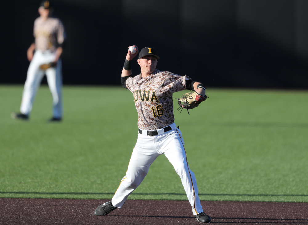Iowa Hawkeyes Tanner Wetrich (16) against the Nebraska Cornhuskers on Military Appreciation Night Friday, April 19, 2019 at Duane Banks Field. (Brian Ray/hawkeyesports.com)
