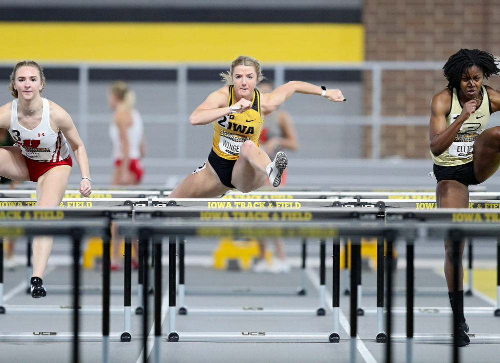 Iowa’s Sydney Winger runs the women’s 60 meter hurdles premier preliminary event during the Larry Wieczorek Invitational at the Recreation Building in Iowa City on Saturday, January 18, 2020. (Stephen Mally/hawkeyesports.com)