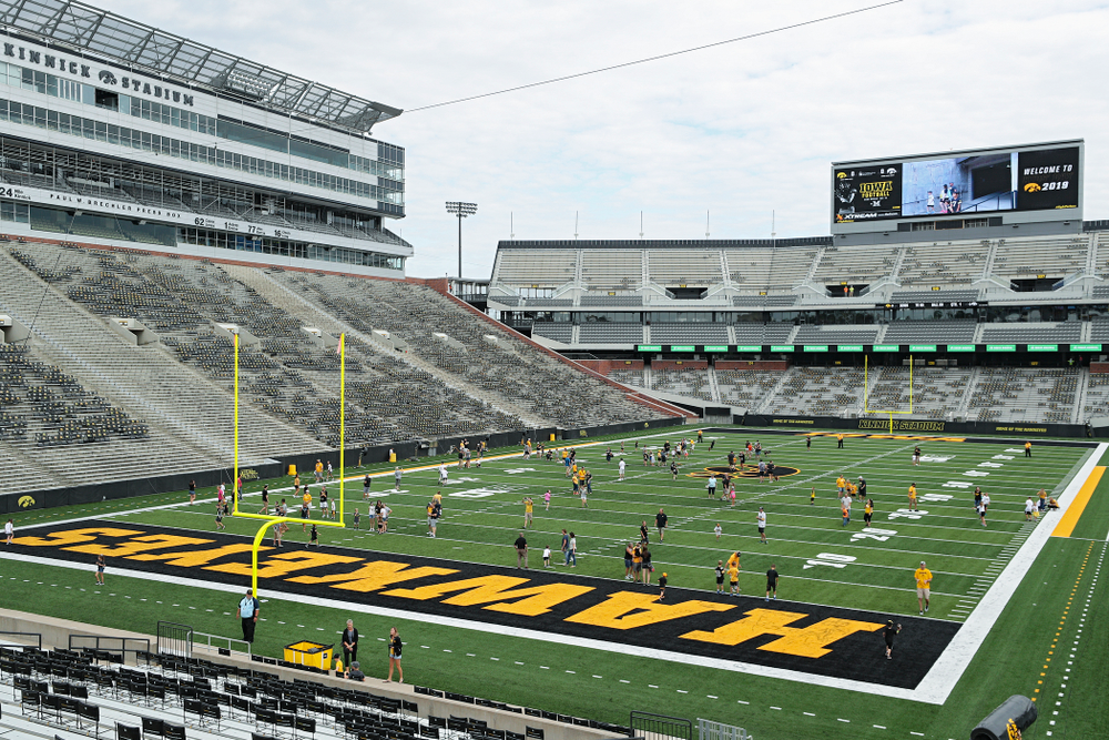 Junior Hawk Club members participate in the Swarm Experience during Kids Day at Kinnick Stadium in Iowa City on Saturday, Aug 10, 2019. (Stephen Mally/hawkeyesports.com)