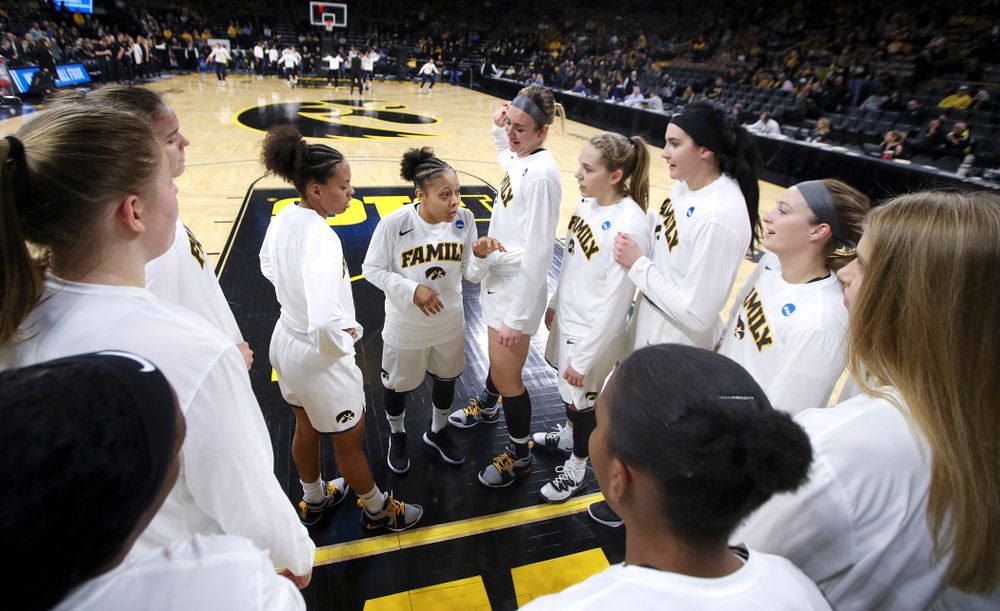 Iowa Hawkeyes guard Tania Davis (11) talks with her team before their second round game in the 2019 NCAA Women's Basketball Tournament at Carver Hawkeye Arena in Iowa City on Sunday, Mar. 24, 2019. (Stephen Mally for hawkeyesports.com)