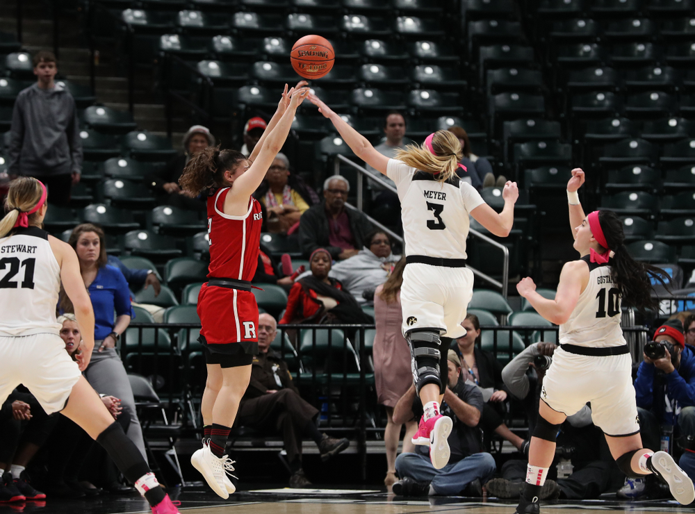 Iowa Hawkeyes guard Makenzie Meyer (3) blocks a shot in the final seconds against the Rutgers Scarlet Knights in the semi-finals of the Big Ten Tournament Saturday, March 9, 2019 at Bankers Life Fieldhouse in Indianapolis, Ind. (Brian Ray/hawkeyesports.com)