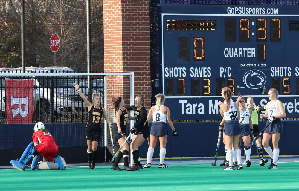 Iowa Hawkeyes forward Maddy Murphy (26) scores the game winning goal in their 1-0 overtime victory over Penn State to win the 2019 Big Ten Field Hockey Tournament Sunday, November 10, 2019 at Penn State (Brian Ray/hawkeyesports.com)