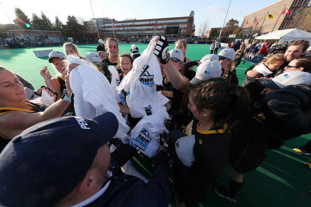 The Iowa Hawkeyes celebrate their victory over Penn State in the 2019 Big Ten Field Hockey Tournament Championship Game Sunday, November 10, 2019 in State College. (Brian Ray/hawkeyesports.com)