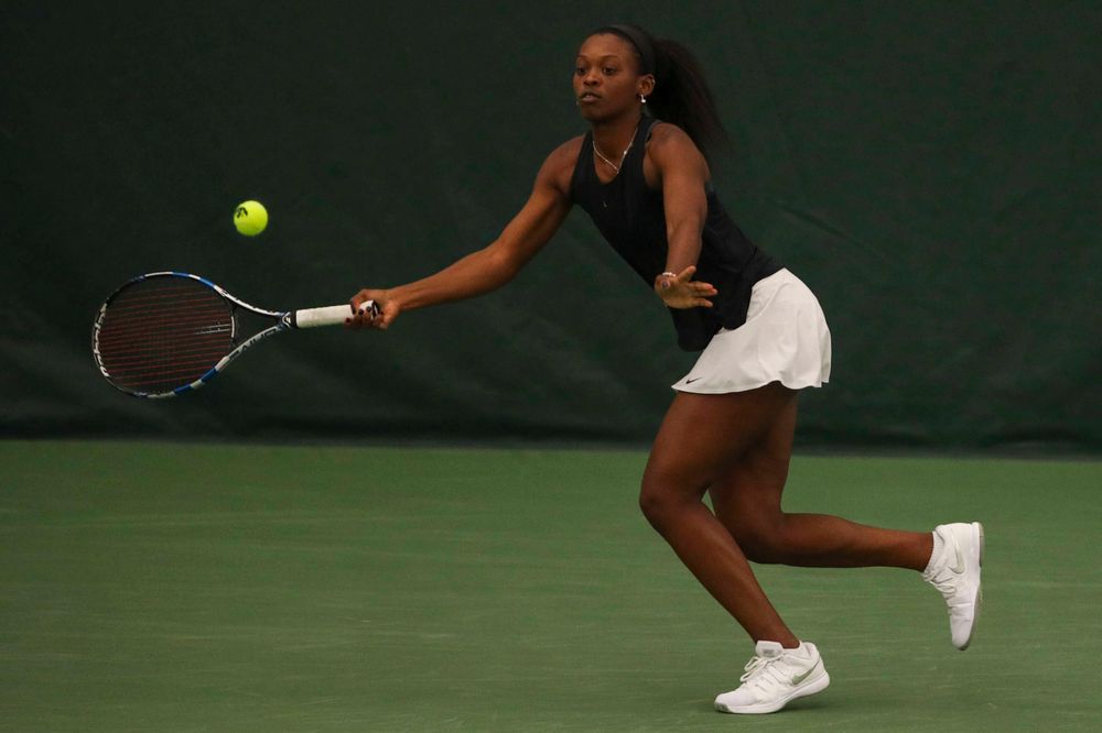 IowaÕs Adorabol Huckleby at womenÕs tennis senior day vs Nebraska on Saturday, April 13, 2019 at the Hawkeye Tennis and Recreation Complex. (Lily Smith/hawkeyesports.com)