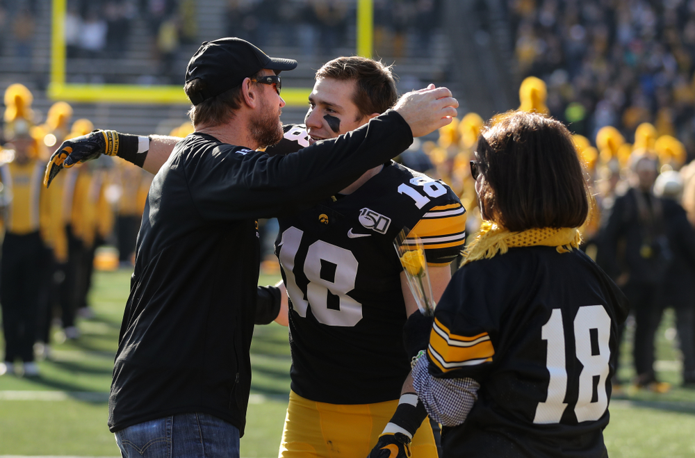 Iowa Hawkeyes defensive back John Milani (18) during Senior Day festivities before their game against the Illinois Fighting Illini Saturday, November 23, 2019 at Kinnick Stadium. (Brian Ray/hawkeyesports.com)