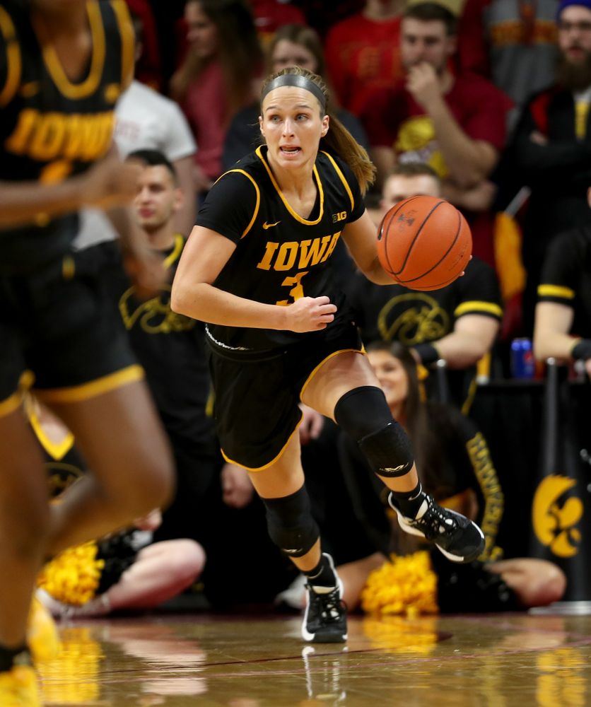 Iowa Hawkeyes guard Makenzie Meyer (3) against the Iowa State Cyclones Wednesday, December 11, 2019 at Hilton Coliseum in Ames, Iowa(Brian Ray/hawkeyesports.com)