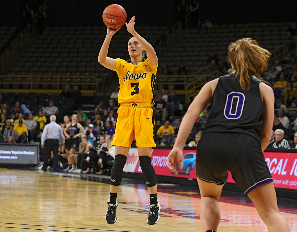 Iowa guard Makenzie Meyer (3) puts up a shot during the third quarter of their game against Winona State at Carver-Hawkeye Arena in Iowa City on Sunday, Nov 3, 2019. (Stephen Mally/hawkeyesports.com)