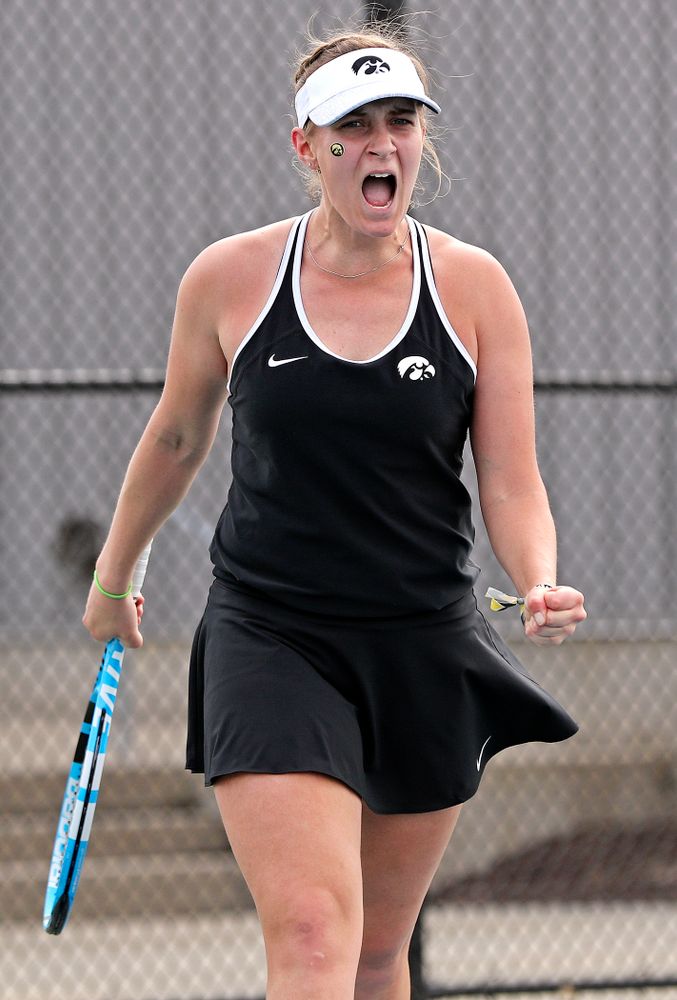 Iowa's Ashleigh Jacobs celebrates a point during a match against Rutgers at the Hawkeye Tennis and Recreation Complex in Iowa City on Friday, Apr. 5, 2019. (Stephen Mally/hawkeyesports.com)