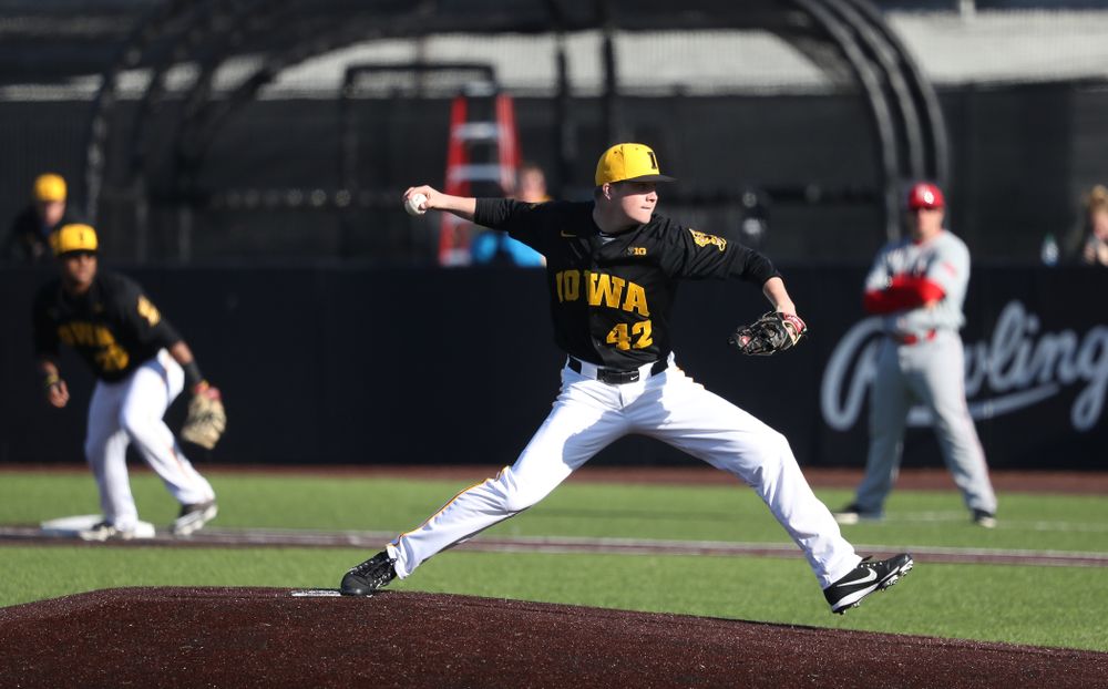 Iowa Hawkeyes Trace Hoffman (42) against the Bradley Braves Tuesday, March 26, 2019 at Duane Banks Field. (Brian Ray/hawkeyesports.com)