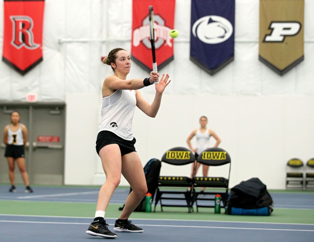 Iowa’s Samantha Mannix returns a shot during her doubles match at the Hawkeye Tennis and Recreation Complex in Iowa City on Sunday, February 23, 2020. (Stephen Mally/hawkeyesports.com)