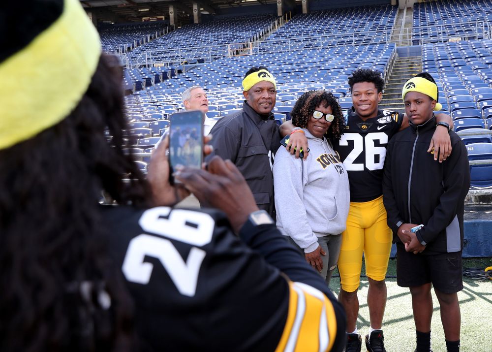 Iowa Hawkeyes defensive back Kaevon Merriweather (26) following the team photo Wednesday, December 25, 2019 at SDCCU Stadium in San Diego. (Brian Ray/hawkeyesports.com)