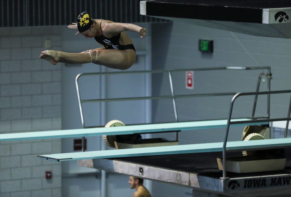 Iowa's Jolynn Harris competes in the platform diving competition during the third day of the Hawkeye Invitational at the Campus Recreation and Wellness Center on November 17, 2018. (Tork Mason/hawkeyesports.com)
