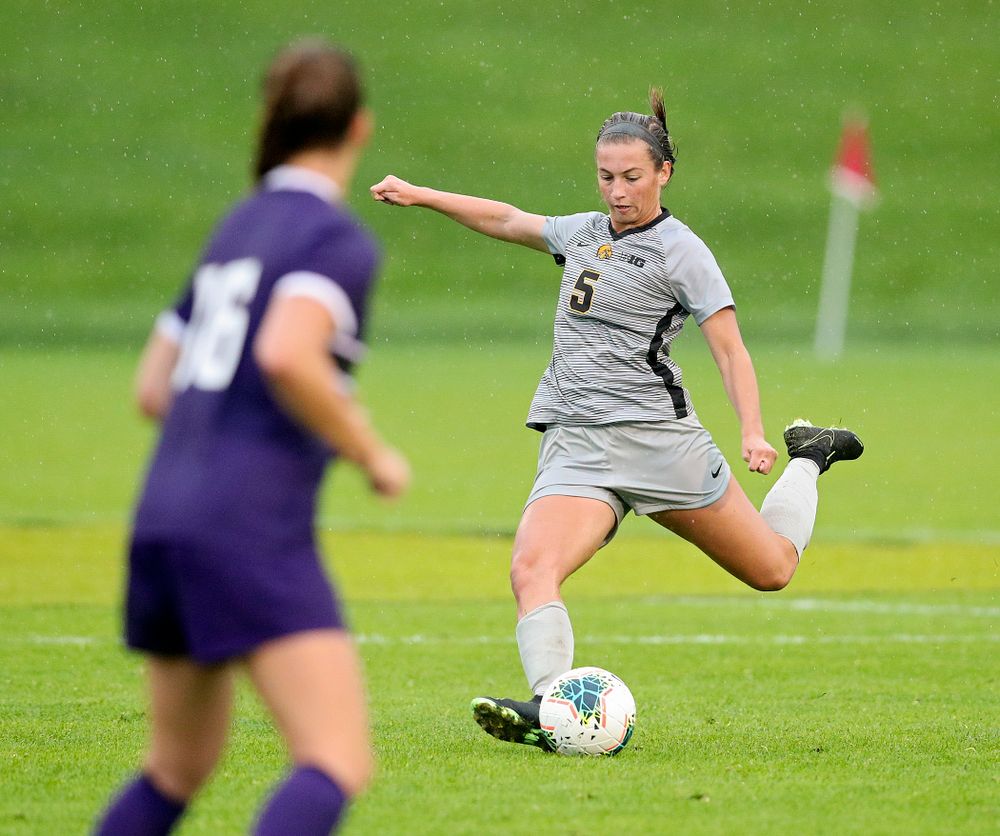 Iowa defender Riley Whitaker (5) lines up a shot during the second half of their match at the Iowa Soccer Complex in Iowa City on Sunday, Sep 29, 2019. (Stephen Mally/hawkeyesports.com)