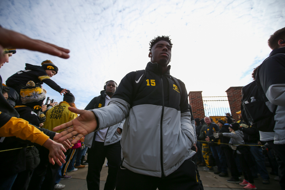 Iowa Hawkeyes running back Tyler Goodson (15) during Iowa football vs Minnesota on Saturday, November 16, 2019 at Kinnick Stadium. (Lily Smith/hawkeyesports.com)
