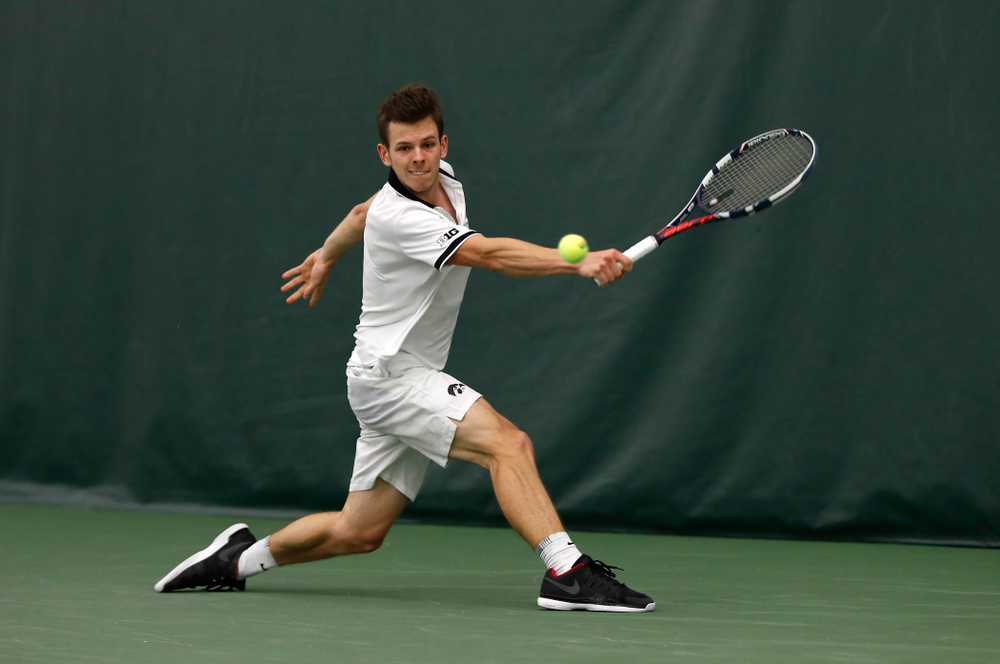 Piotr Smietana against Purdue Sunday, April 15, 2018 at the Hawkeye Tennis and Recreation Center. (Brian Ray/hawkeyesports.com)