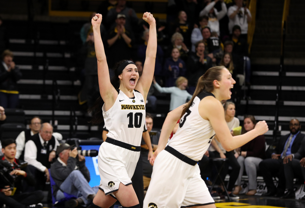 Iowa Hawkeyes forward Megan Gustafson (10) celebrates their victory over the Rutgers Scarlet Knights Wednesday, January 23, 2019 at Carver-Hawkeye Arena. (Brian Ray/hawkeyesports.com)