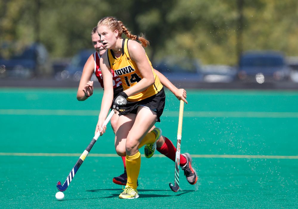 Iowa Hawkeyes Lokke Stribos (14) against Indiana Sunday, September 16, 2018 at Grant Field. (Brian Ray/hawkeyesports.com)