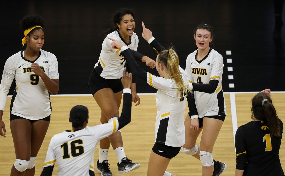 Iowa Hawkeyes setter Brie Orr (7) celebrates after winning a point during a match against Rutgers at Carver-Hawkeye Arena on November 2, 2018. (Tork Mason/hawkeyesports.com)