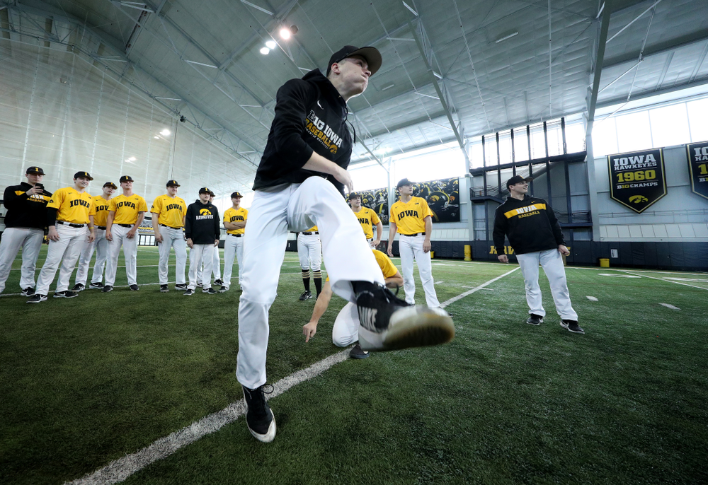 Iowa Hawkeyes Jack Dreyer (33) attempts to kick a field goal before practice Thursday, February 6, 2020 at the Indoor Practice Facility. (Brian Ray/hawkeyesports.com)