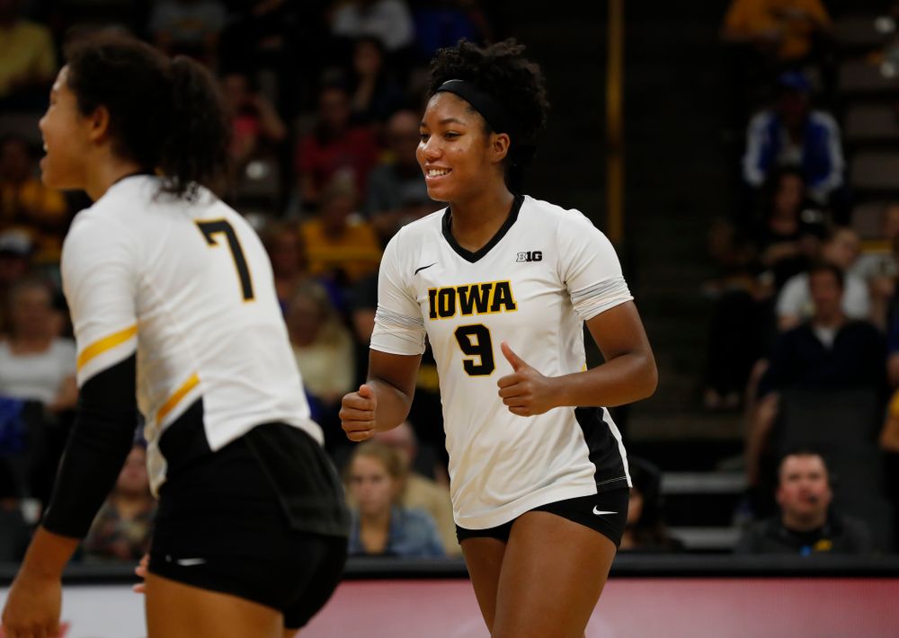 Iowa Hawkeyes middle blocker Amiya Jones (9) against Eastern Illinois Sunday, September 9, 2018 at Carver-Hawkeye Arena. (Brian Ray/hawkeyesports.com)
