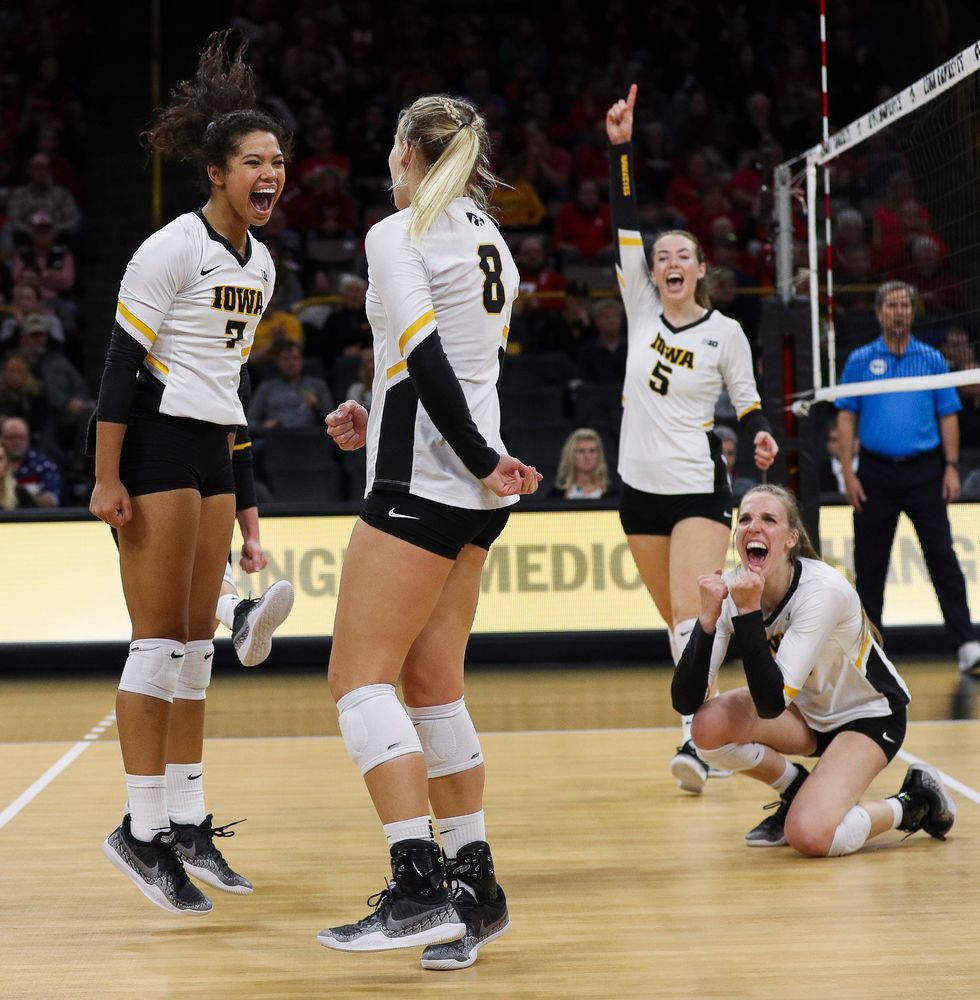 Iowa Hawkeyes setter Brie Orr (7) celebrates after winning a point during a match against Nebraska at Carver-Hawkeye Arena on November 7, 2018. (Tork Mason/hawkeyesports.com)