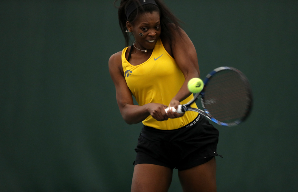 Iowa's Adorabol Huckleby against the Iowa State Cyclones Friday, February 8, 2019 at the Hawkeye Tennis and Recreation Complex. (Brian Ray/hawkeyesports.com)