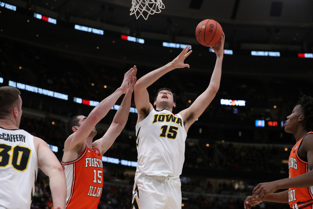 Iowa Hawkeyes forward Ryan Kriener (15) against the Illinois Fighting Illini in the 2019 Big Ten Men's Basketball Tournament Thursday, March 14, 2019 at the United Center in Chicago. (Brian Ray/hawkeyesports.com)