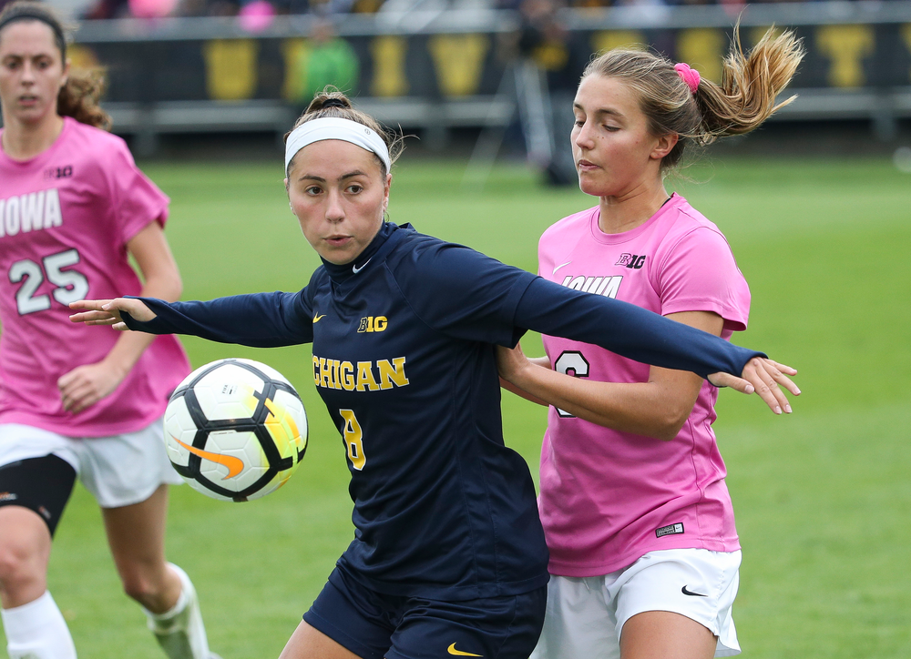 Iowa Hawkeyes midfielder Isabella Blackman (6) defends during a game against Michigan at the Iowa Soccer Complex on October 14, 2018. (Tork Mason/hawkeyesports.com)