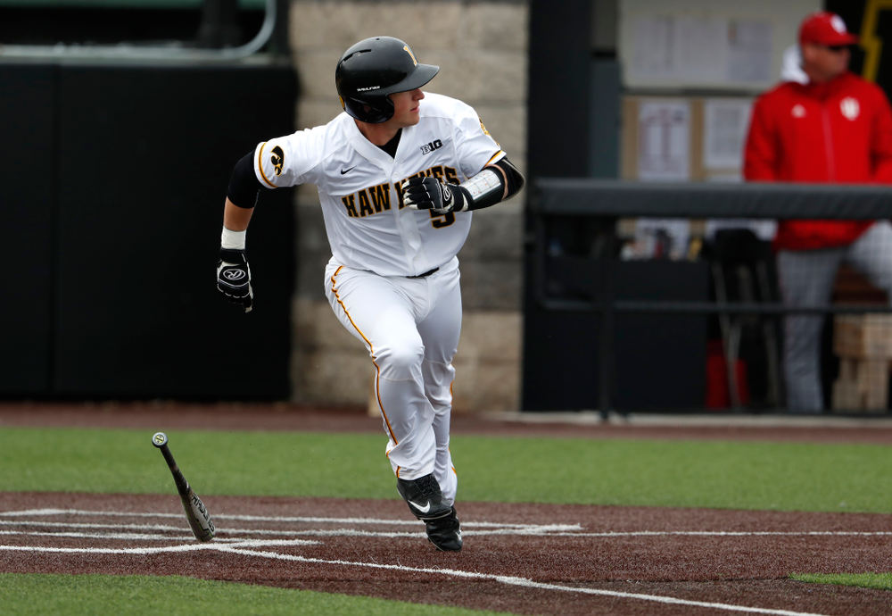 Iowa Hawkeyes catcher Tyler Cropley (5) during a double header against the Indiana Hoosiers Friday, March 23, 2018 at Duane Banks Field. (Brian Ray/hawkeyesports.com)