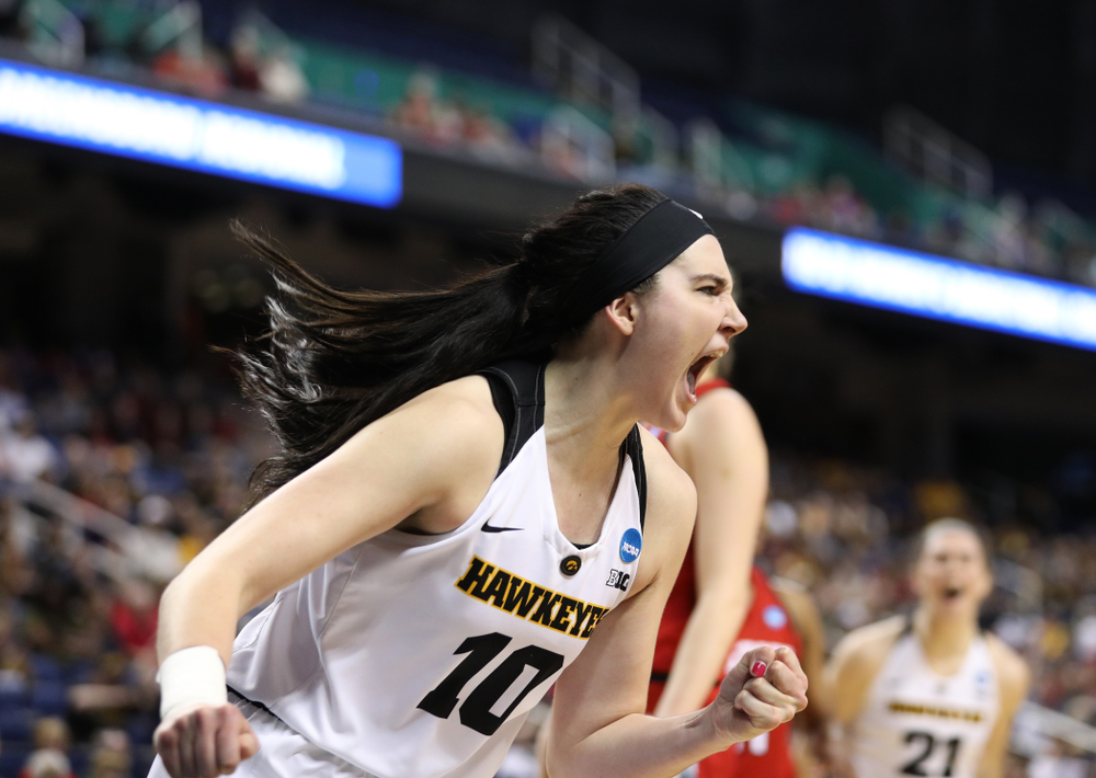 Iowa Hawkeyes forward Megan Gustafson (10) against the NC State Wolfpack in the regional semi-final of the 2019 NCAA Women's College Basketball Tournament Saturday, March 30, 2019 at Greensboro Coliseum in Greensboro, NC.(Brian Ray/hawkeyesports.com)