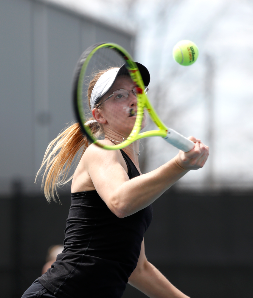 Iowa's Montana Crawford against the Wisconsin Badgers Sunday, April 22, 2018 at the Hawkeye Tennis and Recreation Center. (Brian Ray/hawkeyesports.com)