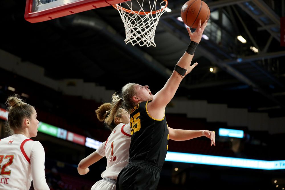 Iowa Hawkeyes forward/center Monika Czinano (25) against the Maryland Terrapins Thursday, February 13, 2020 at the Xfinity Center in College Park, MD. (Brian Ray/hawkeyesports.com)