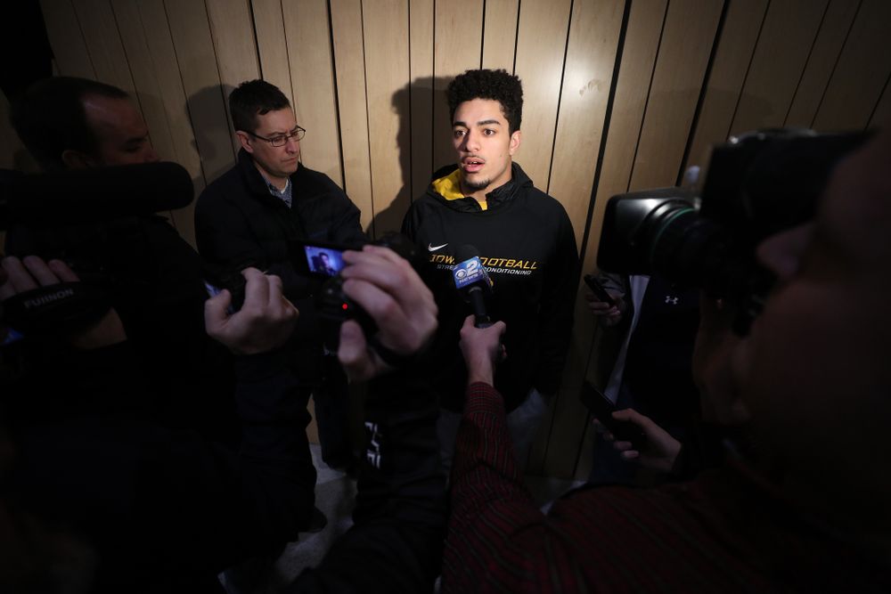 Iowa Hawkeyes defensive back Amani Hooker (27) addresses the media about the Hawkeyes selection to face Mississippi State in the Outback Bowl Sunday, December 2, 2018 at the Hansen Football Performance Center. (Brian Ray/hawkeyesports.com)