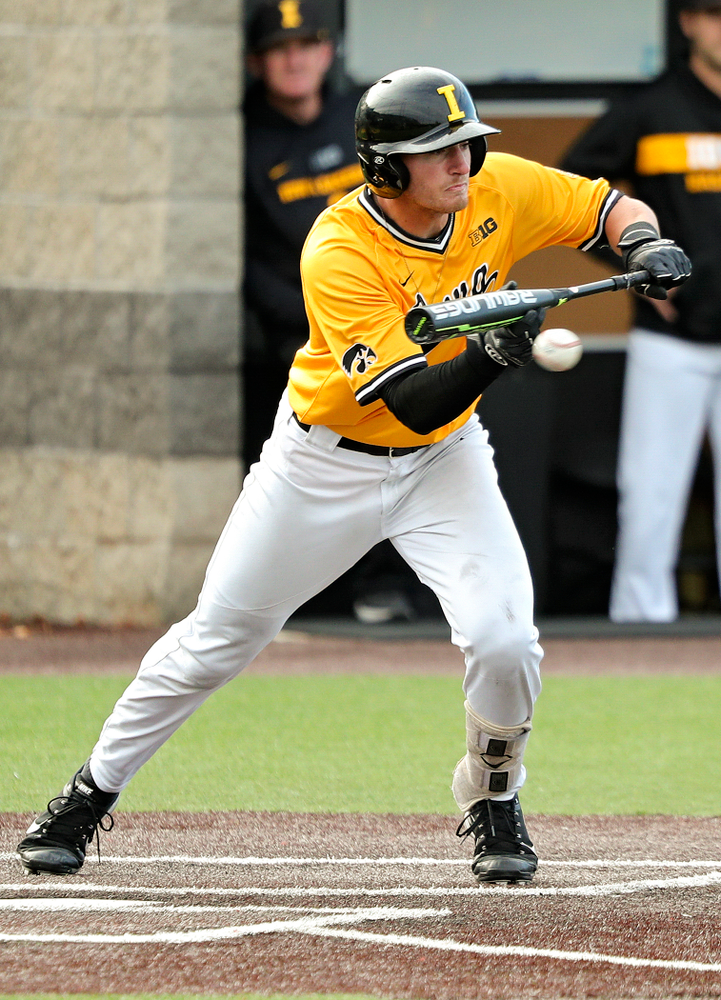 Iowa infielder Brendan Sher (2) lays down a bunt during the second inning of the first game of the Black and Gold Fall World Series at Duane Banks Field in Iowa City on Tuesday, Oct 15, 2019. (Stephen Mally/hawkeyesports.com)