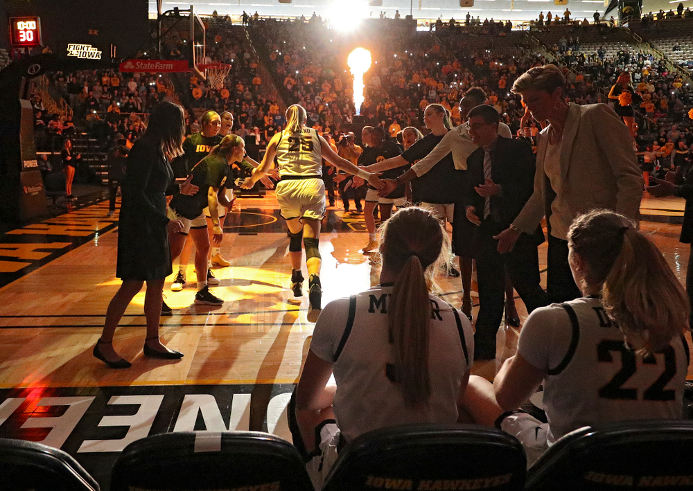 Iowa Hawkeyes forward Monika Czinano (25) is introduced before their game at Carver-Hawkeye Arena in Iowa City on Tuesday, December 31, 2019. (Stephen Mally/hawkeyesports.com)