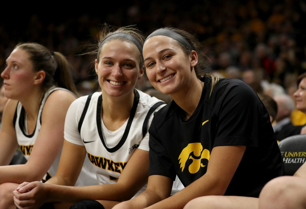 Iowa Hawkeyes guard Makenzie Meyer (3) and guard Megan Meyer (11) against Penn State Saturday, February 22, 2020 at Carver-Hawkeye Arena. (Brian Ray/hawkeyesports.com)