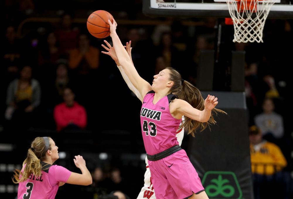 Iowa Hawkeyes forward Amanda Ollinger (43) against the Wisconsin Badgers Sunday, February 16, 2020 at Carver-Hawkeye Arena. (Brian Ray/hawkeyesports.com)