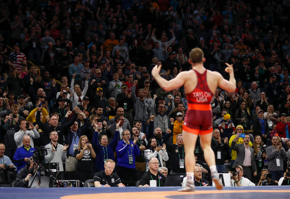 David Taylor during the gold medal match of the United World Wrestling Freestyle World Cup against Azerbaijan Sunday, April 8, 2018 at Carver-Hawkeye Arena. (Brian Ray/hawkeyesports.com)