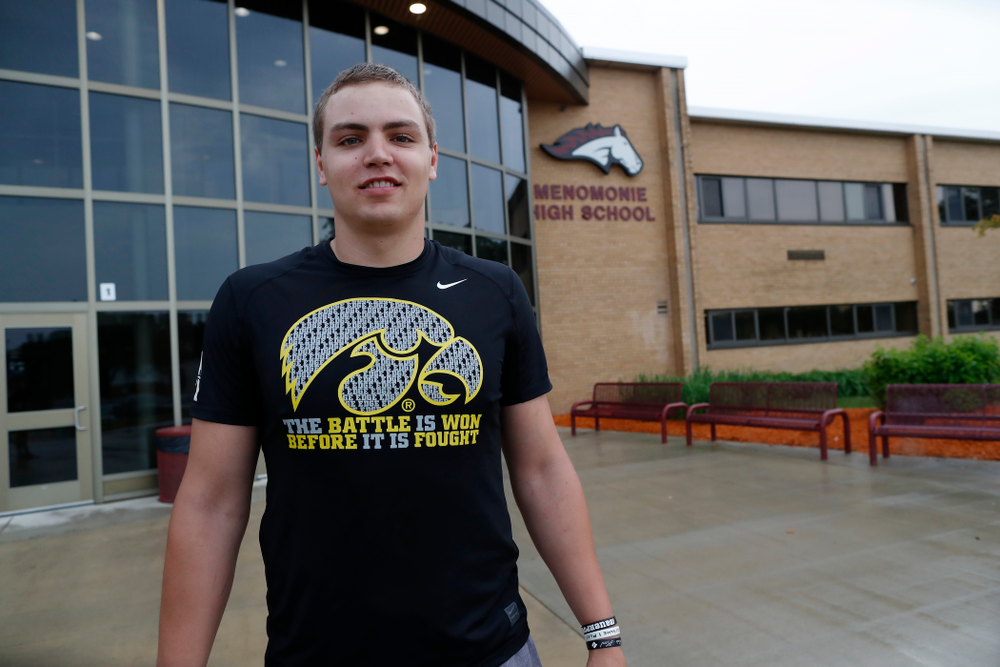 Iowa Hawkeyes quarterback Nathan Stanley (4) stands in front of Menomonie High School Wednesday, May 30, 2018 in Menomonie, Wisc. (Brian Ray/hawkeyesports.com)