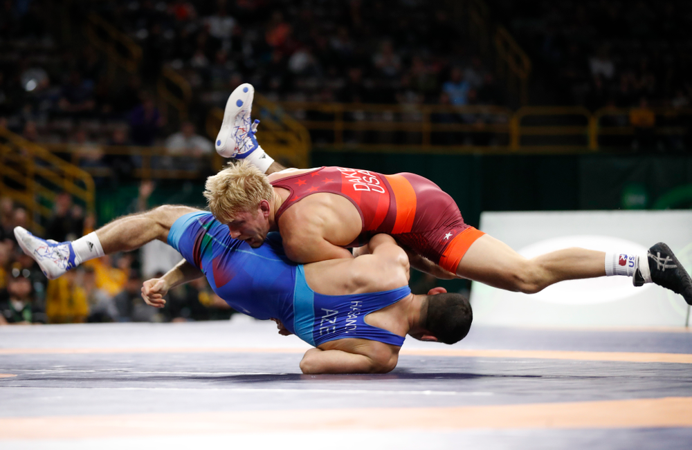 Kyle Dake during the gold medal match of the United World Wrestling Freestyle World Cup against Azerbaijan Sunday, April 8, 2018 at Carver-Hawkeye Arena. (Brian Ray/hawkeyesports.com)