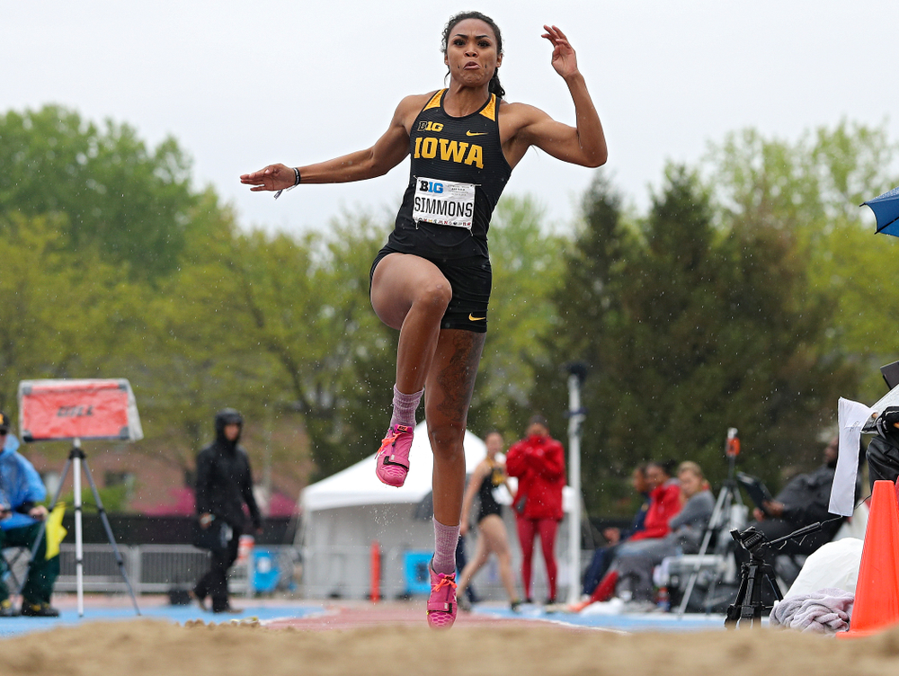 Iowa's Tria Simmons jumps in the women’s long jump in the heptathlon event on the second day of the Big Ten Outdoor Track and Field Championships at Francis X. Cretzmeyer Track in Iowa City on Saturday, May. 11, 2019. (Stephen Mally/hawkeyesports.com)