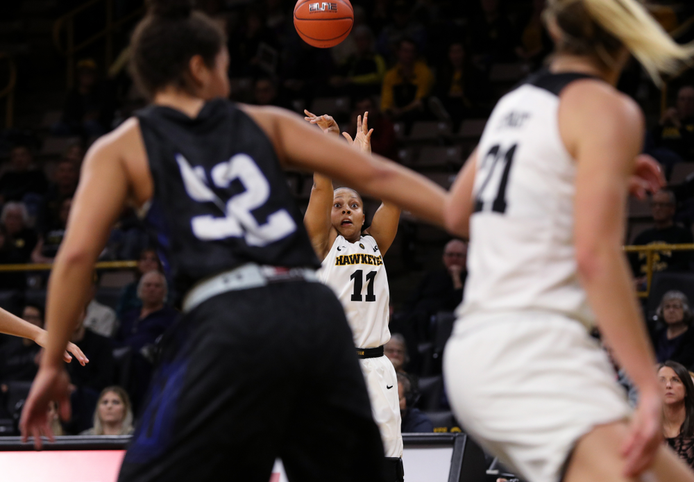 Iowa Hawkeyes guard Tania Davis (11) against Dakota Wesleyan University Tuesday, November 6, 2018 at Carver-Hawkeye Arena. (Brian Ray/hawkeyesports.com)