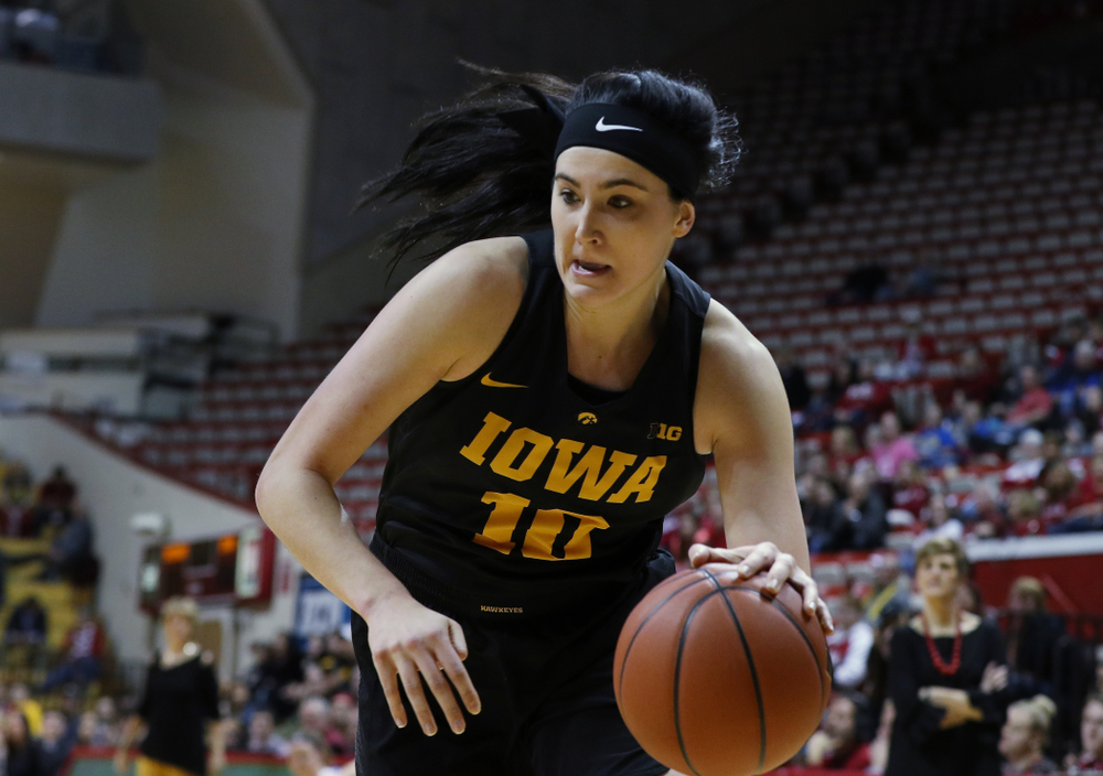 Iowa Hawkeyes forward Megan Gustafson (10) against the Indiana Hoosiers Thursday, February 21, 2019 at Simon Skjodt Assembly Hall. (Brian Ray/hawkeyesports.com)