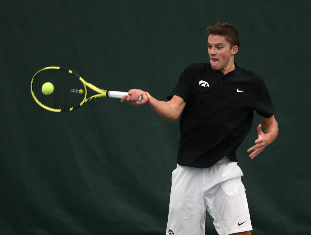 Joe Tyler against Utah Sunday, February 10, 2019 at the Hawkeye Tennis and Recreation Complex. (Brian Ray/hawkeyesports.com)