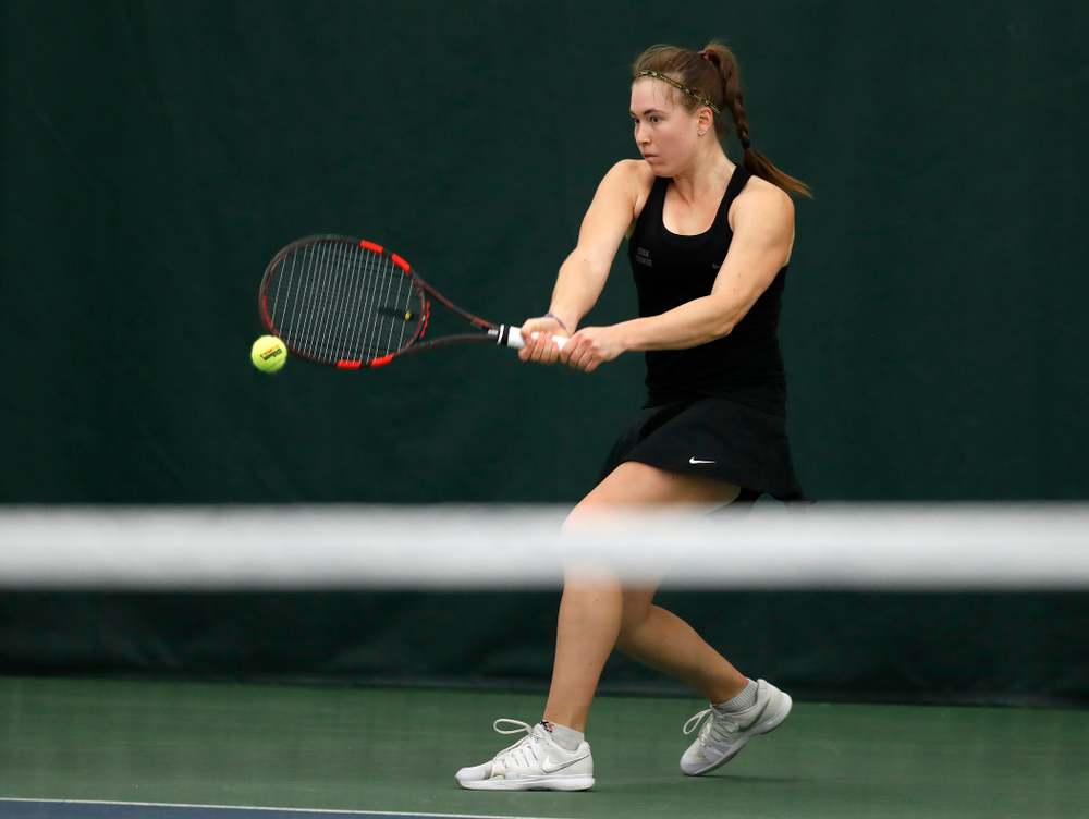 Anastasia Reimchen against Ohio State Sunday, March 25, 2018 at the Hawkeye Tennis and Recreation Center. (Brian Ray/hawkeyesports.com)