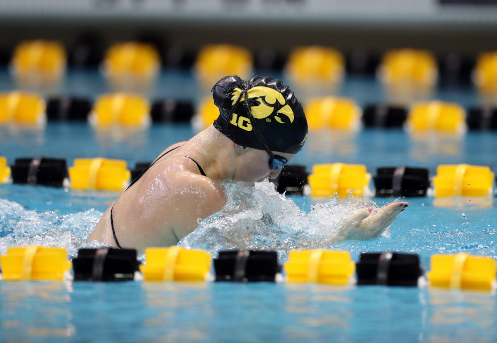 IowaÕs Christina Crane swims the 100 yard breaststroke against the Michigan Wolverines Friday, November 1, 2019 at the Campus Recreation and Wellness Center. (Brian Ray/hawkeyesports.com)