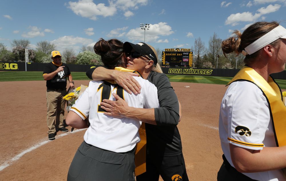 Iowa Hawkeyes Mallory Kilian (11) and Head Coach Renee Gillispie during senior day festivities following their game against the Ohio State Buckeyes Sunday, May 5, 2019 at Pearl Field. (Brian Ray/hawkeyesports.com)ic