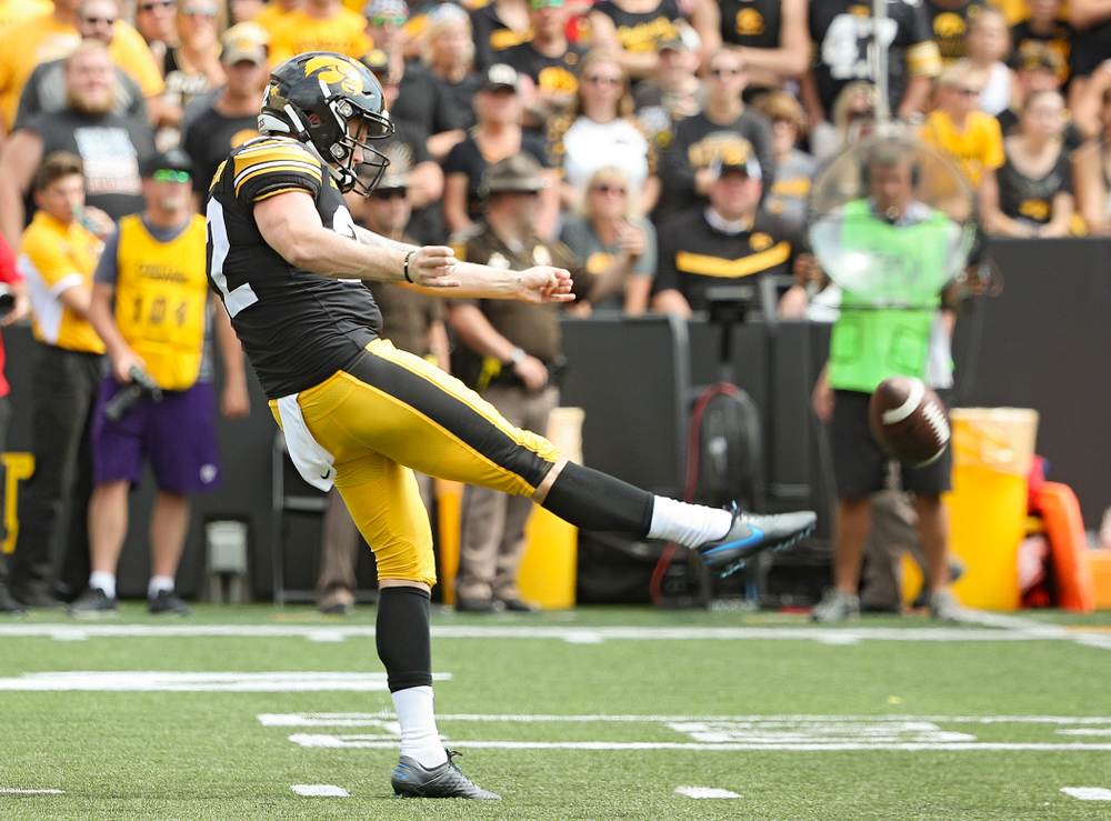 Iowa Hawkeyes punter Michael Sleep-Dalton (22) punts the ball away during the third quarter of their Big Ten Conference football game at Kinnick Stadium in Iowa City on Saturday, Sep 7, 2019. (Stephen Mally/hawkeyesports.com)