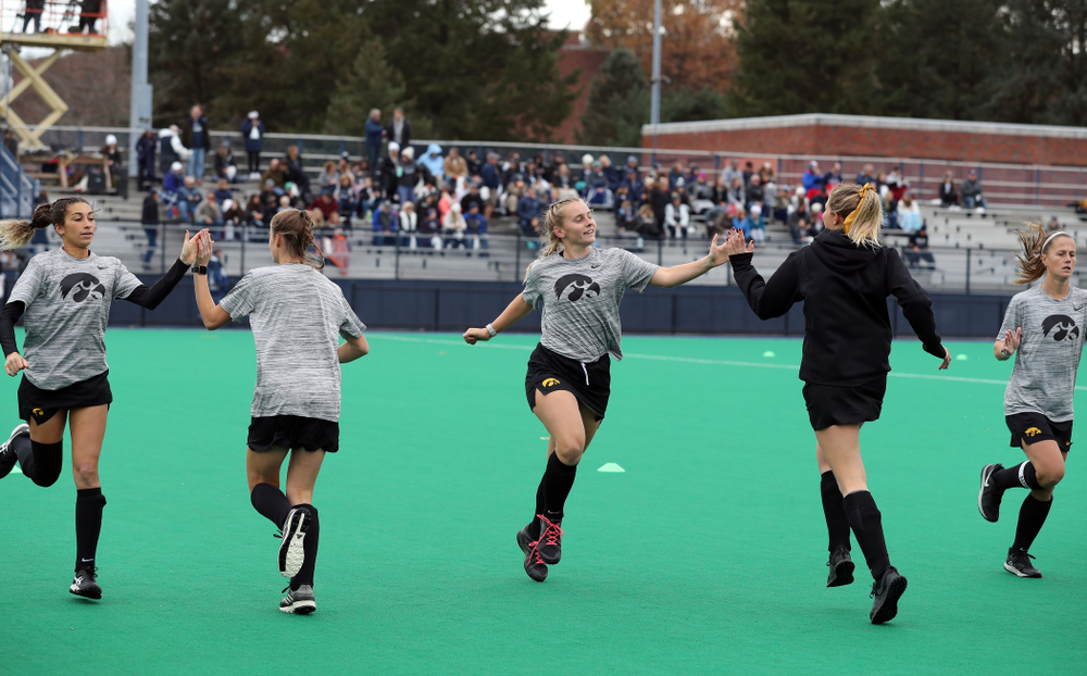 Iowa Hawkeyes Katie Birch (11) and Ellie Holley (7) warm up for their game against Penn State in the 2019 Big Ten Field Hockey Tournament Championship Game Sunday, November 10, 2019 in State College. (Brian Ray/hawkeyesports.com)